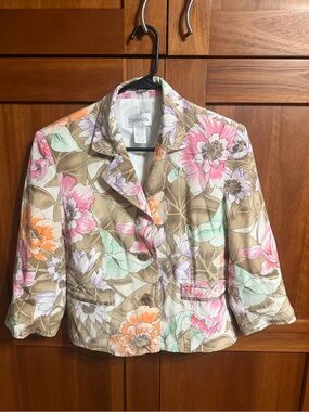 Chadwicks Floral Cropped Blazer in Tan with Pink, Orange & Mint Accents